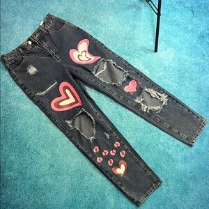 Heart-Embellished Distressed Jeans